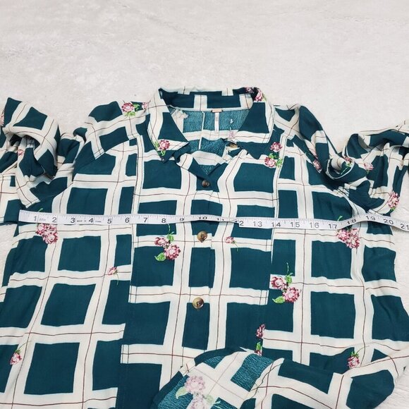 Free People Window to my‎ Heart Green Cream Plaid Floral Romantic Flowy Blouse S - Picture 5 of 7
